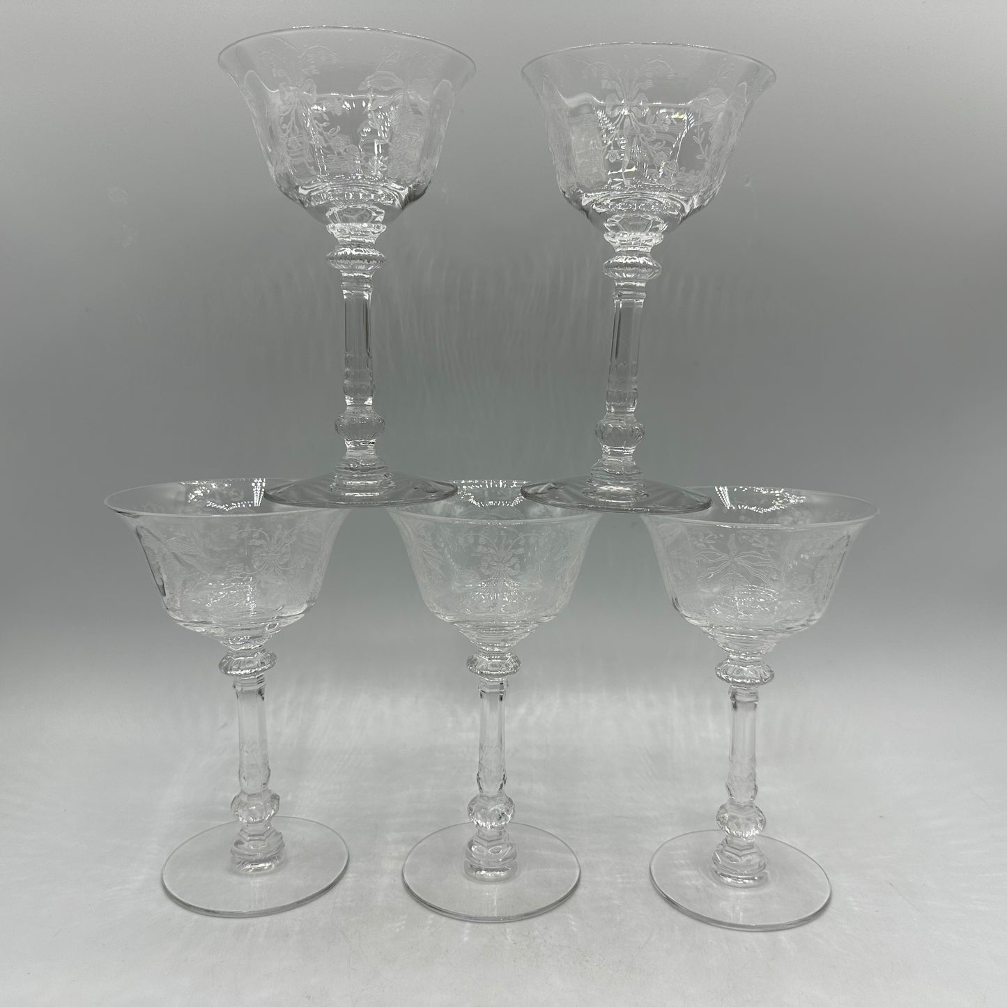 Heisey Orchid Etched Clear Liquor/Cocktail Glasses, Set of 5