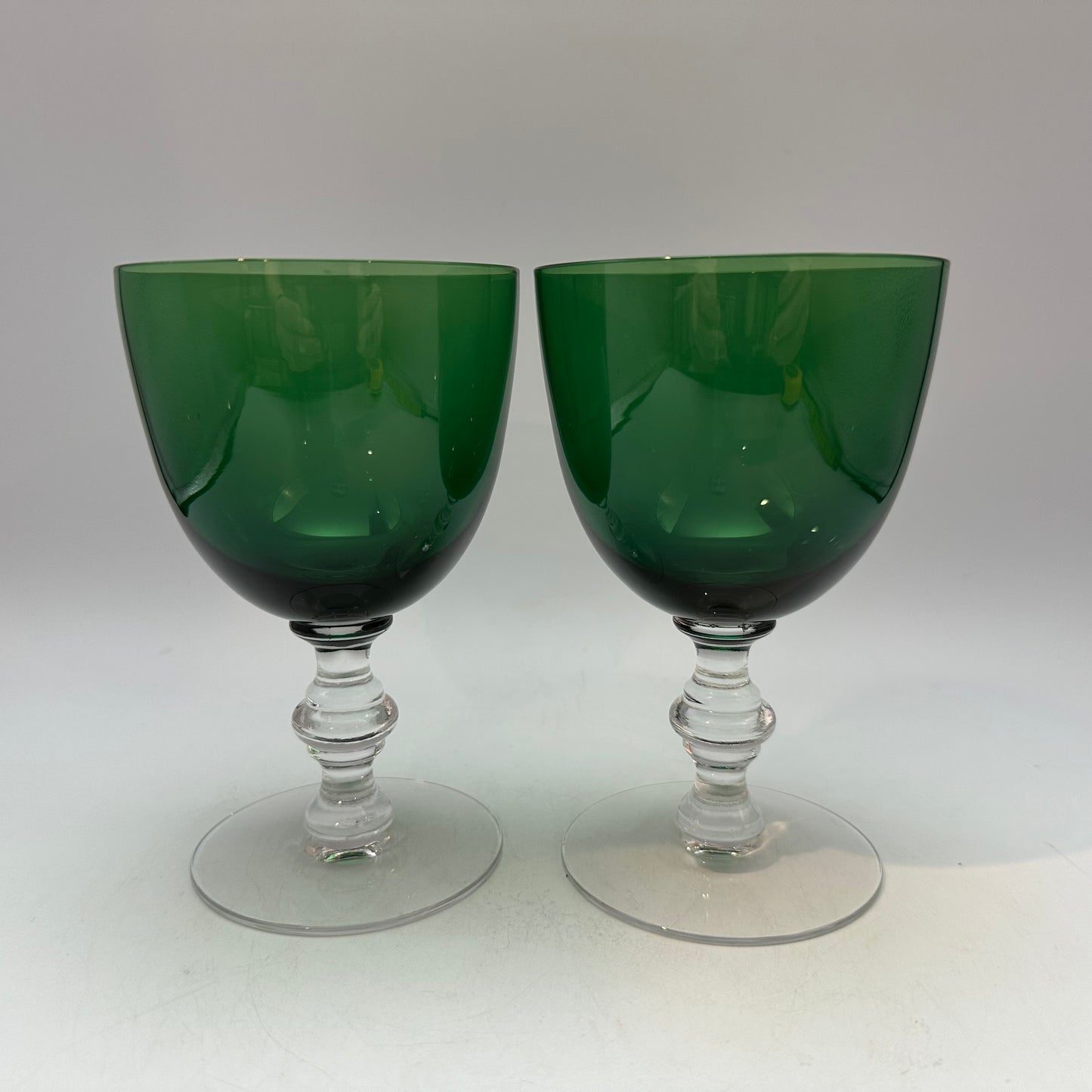 Tiffin Glass Killarney Water Goblet Green Bowls Clear Stems, Set of 2