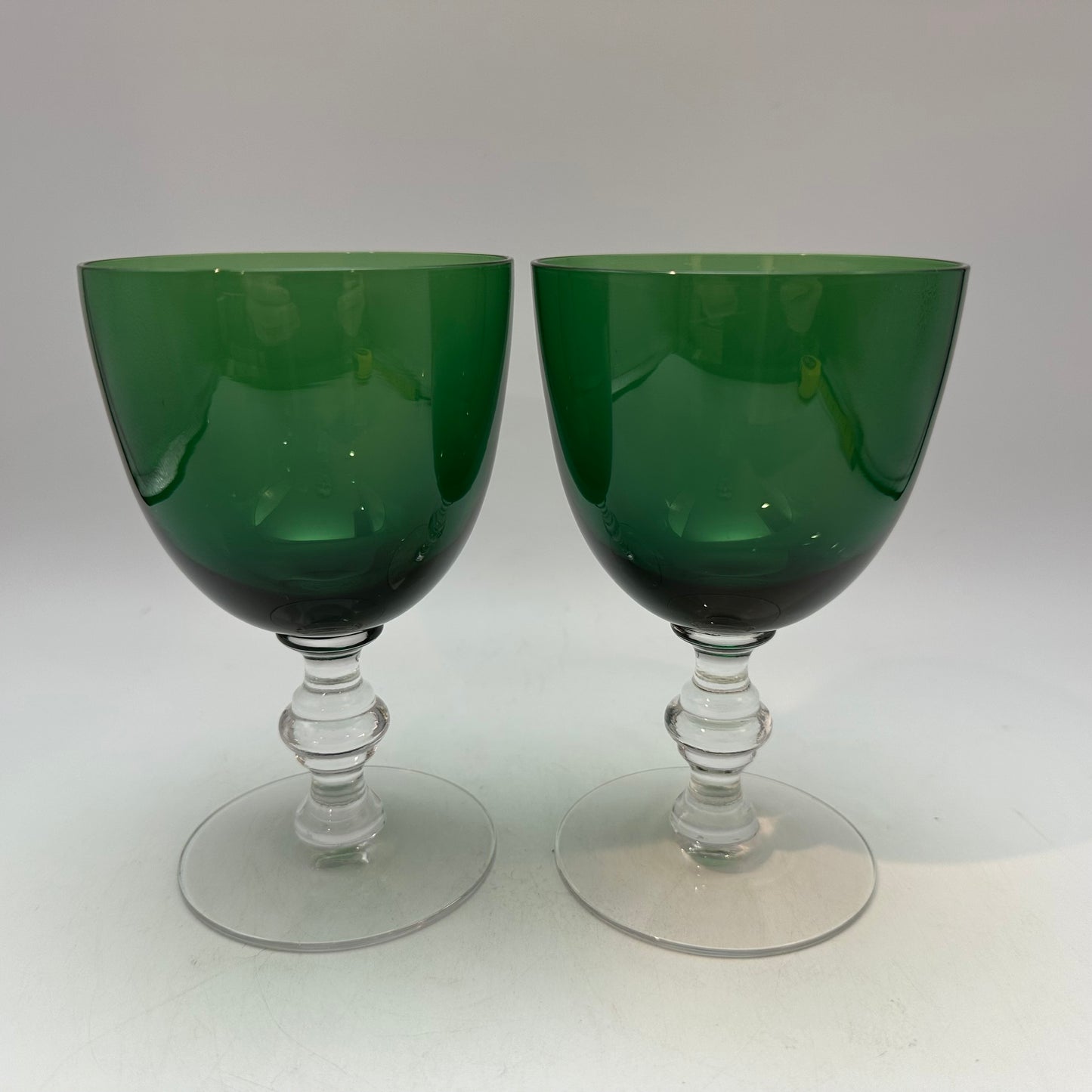 Tiffin Glass Killarney Water Goblet Green Bowls Clear Stems, Set of 2