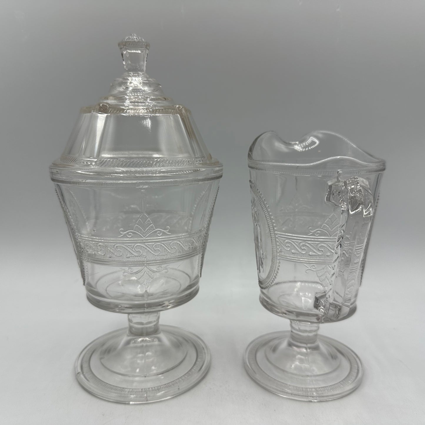 Richards & Hartley Glass Company Cupid & Venus Lidded Sugar Bowl & Creamer