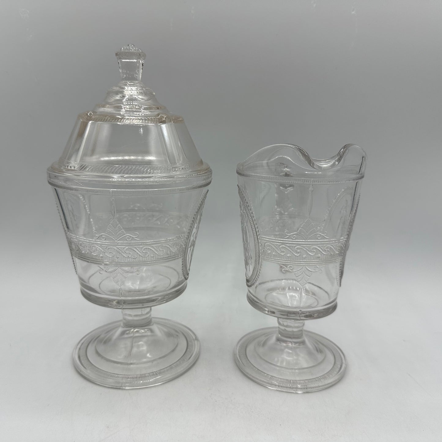 Richards & Hartley Glass Company Cupid & Venus Lidded Sugar Bowl & Creamer