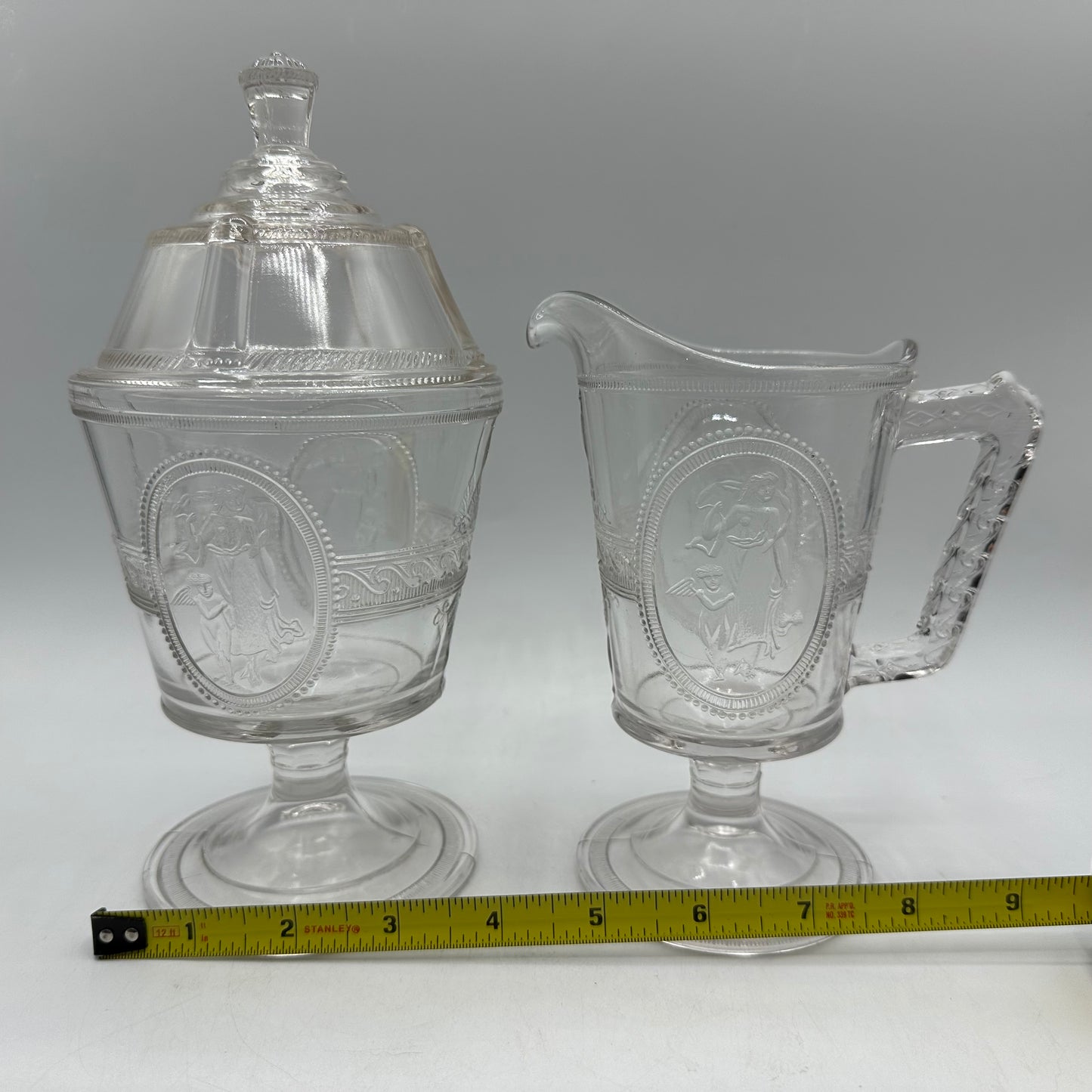 Richards & Hartley Glass Company Cupid & Venus Lidded Sugar Bowl & Creamer