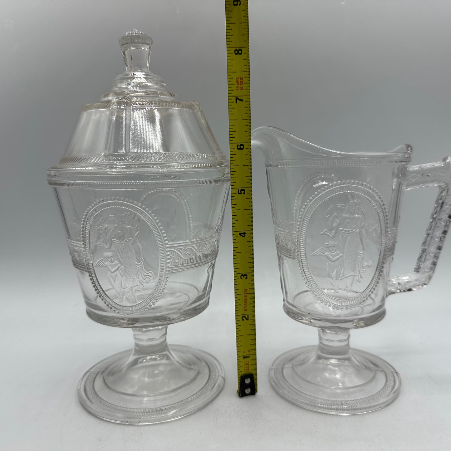 Richards & Hartley Glass Company Cupid & Venus Lidded Sugar Bowl & Creamer