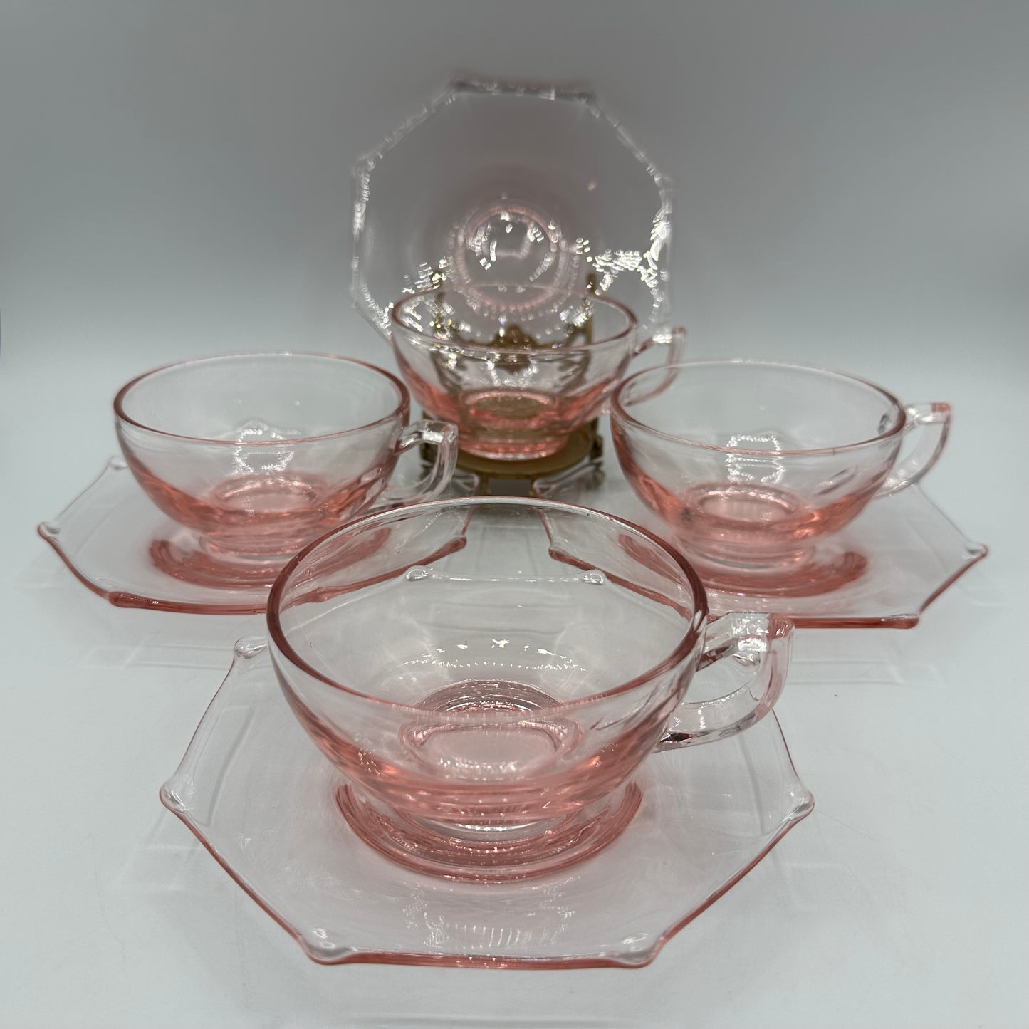 Pink Depression Octagon Cup and Saucer, Set of 4