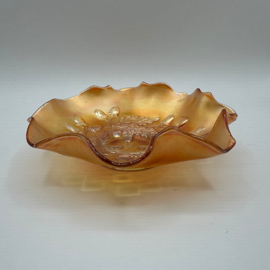 Fenton Leaves and Acorn Marigold Carnival Ruffled Edged Bowl 1924