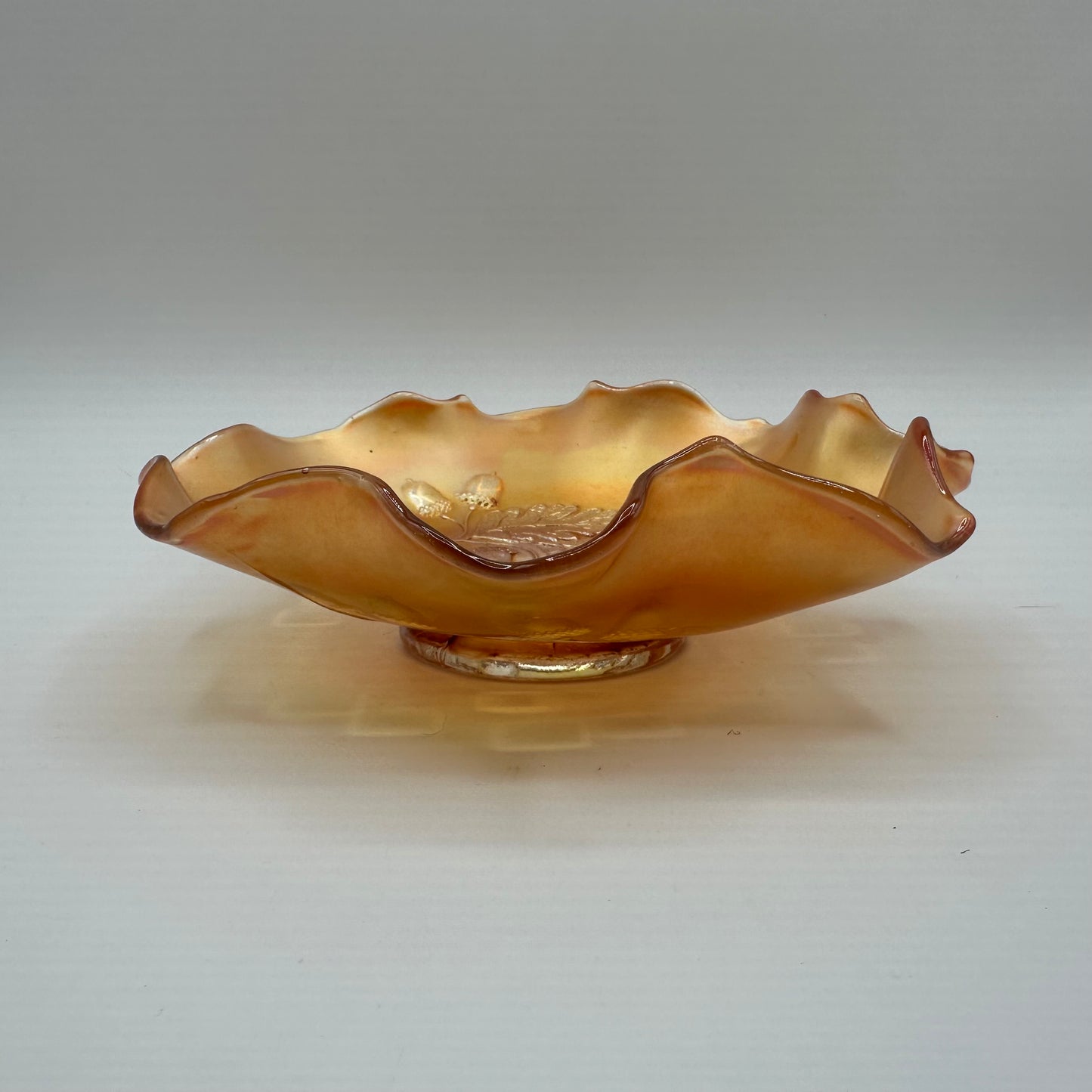 Fenton Leaves and Acorn Marigold Carnival Ruffled Edged Bowl 1924