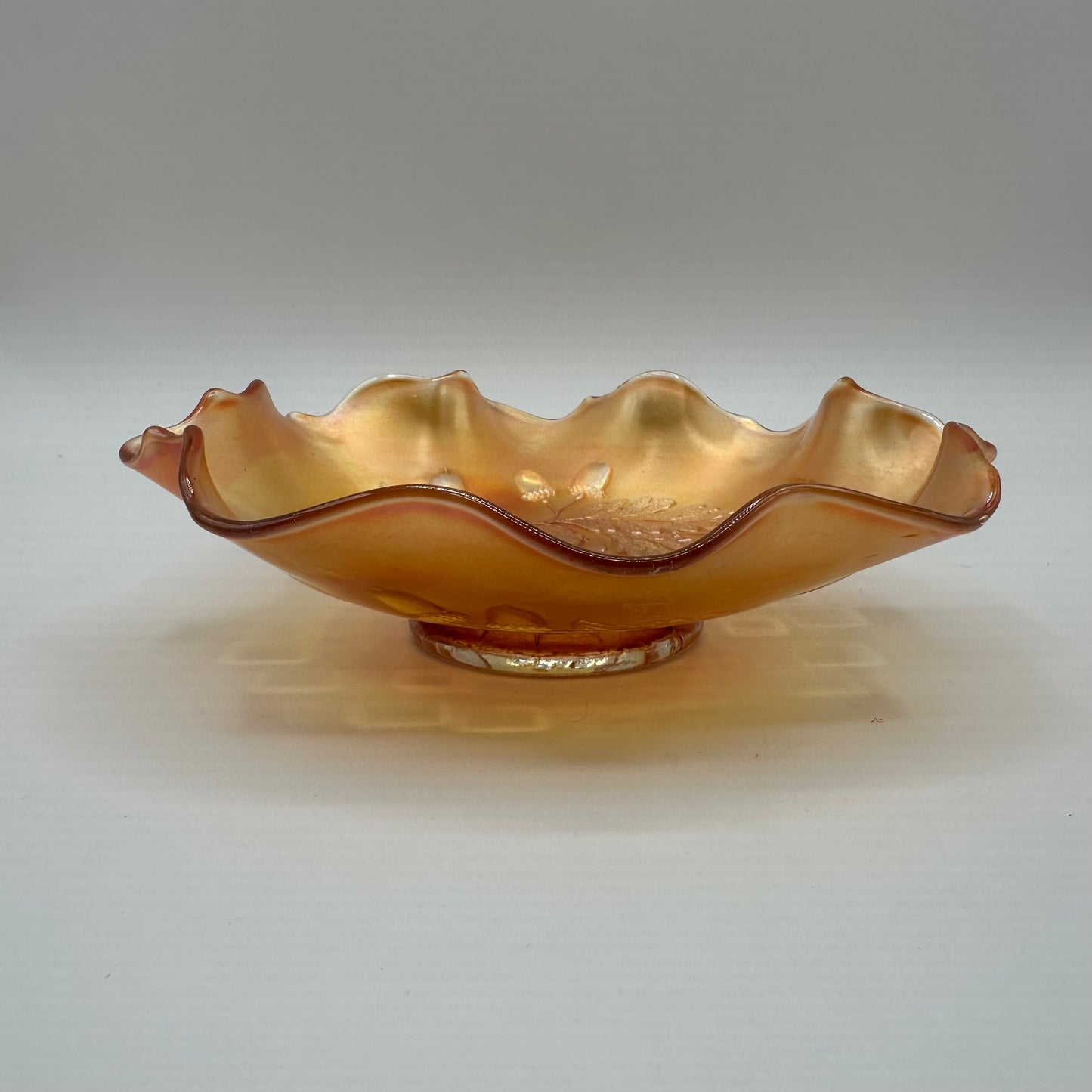 Fenton Leaves and Acorn Marigold Carnival Ruffled Edged Bowl 1924