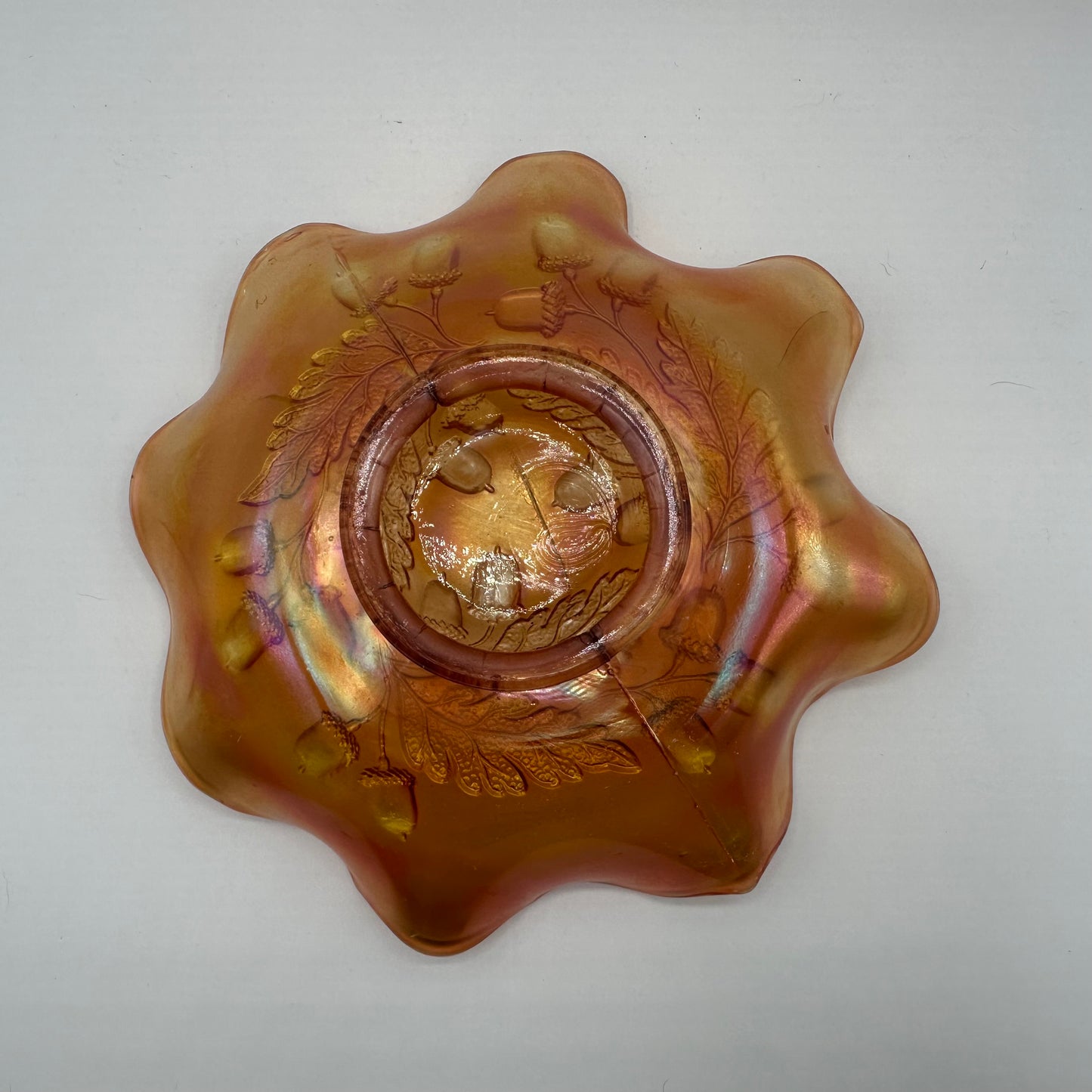 Fenton Leaves and Acorn Marigold Carnival Ruffled Edged Bowl 1924