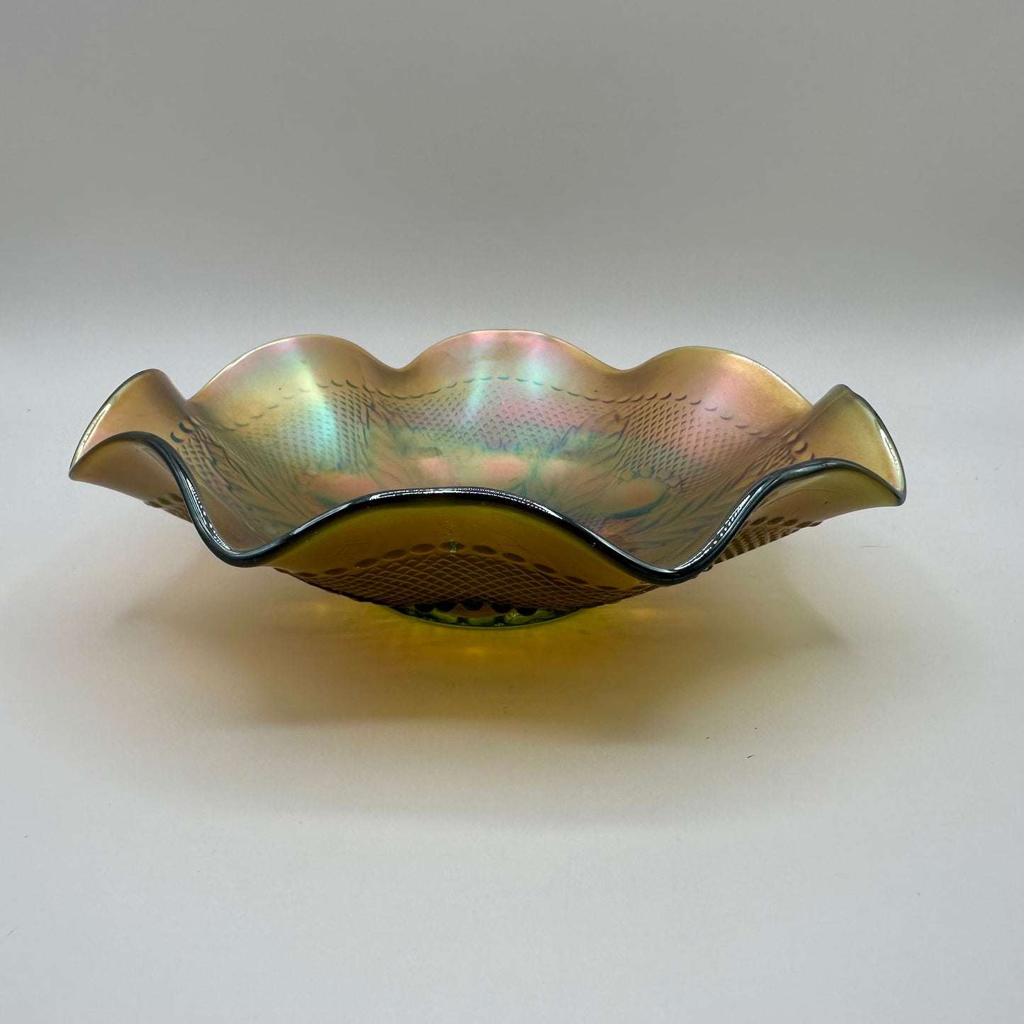 Northwood Glass Carnival Glass Ruffled Rim Bowl, Bulls Eye & Leaves, Green