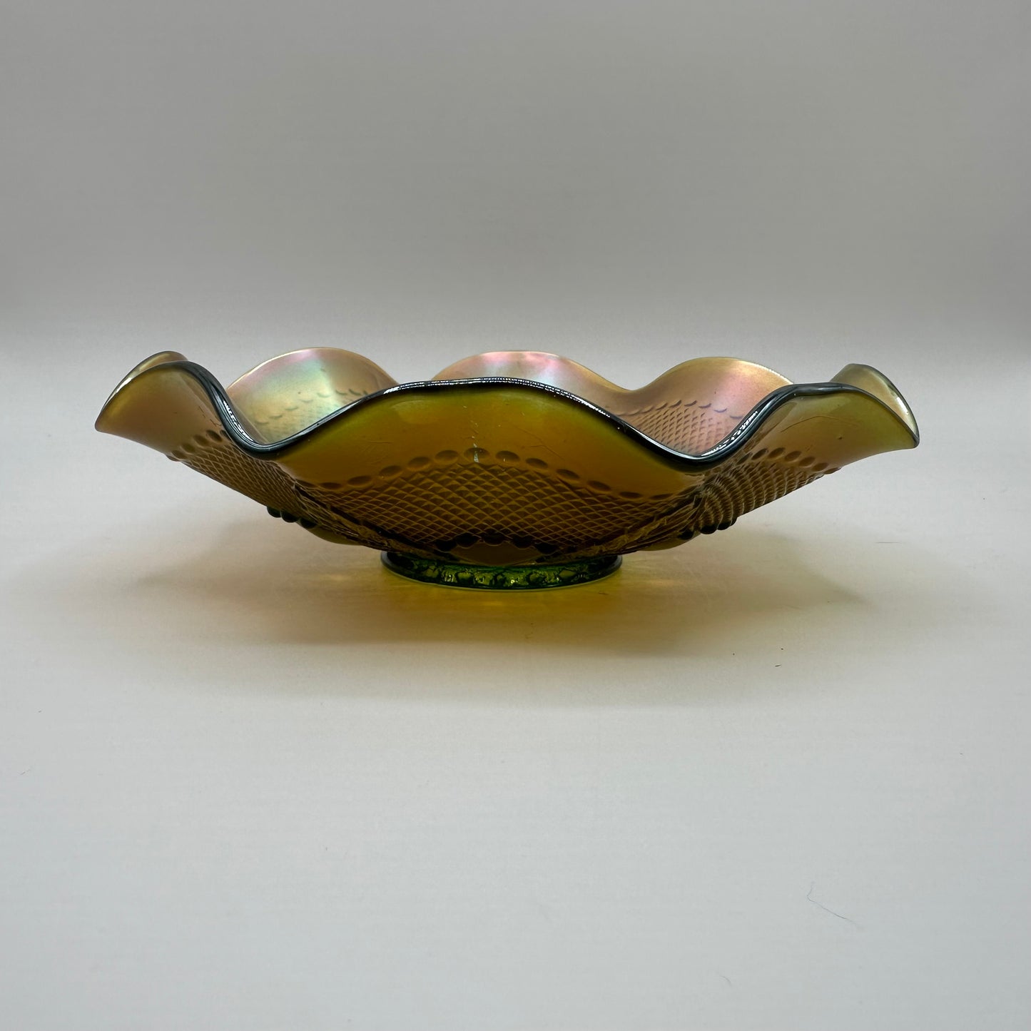 Northwood Glass Carnival Glass Ruffled Rim Bowl, Bulls Eye & Leaves, Green