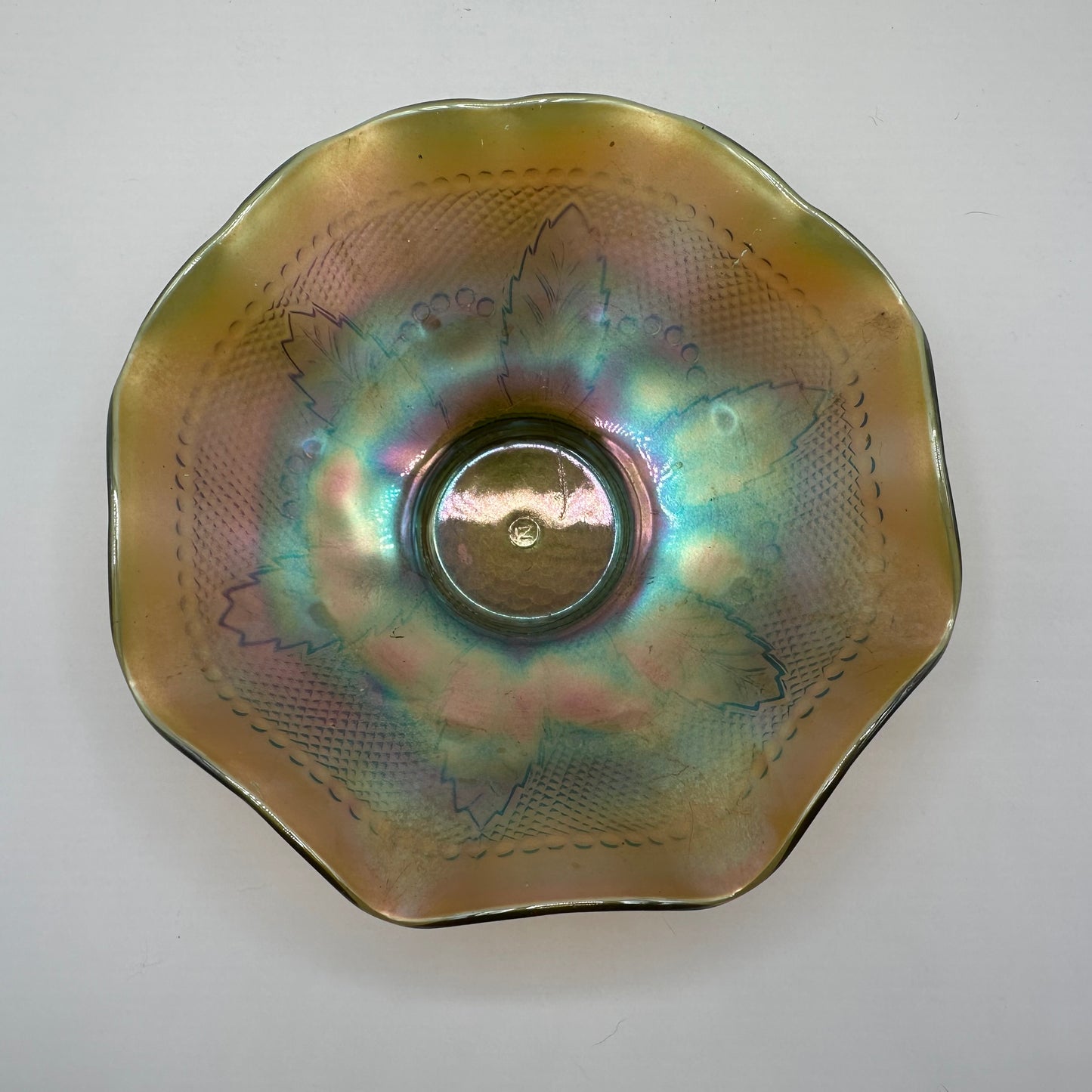 Northwood Glass Carnival Glass Ruffled Rim Bowl, Bulls Eye & Leaves, Green