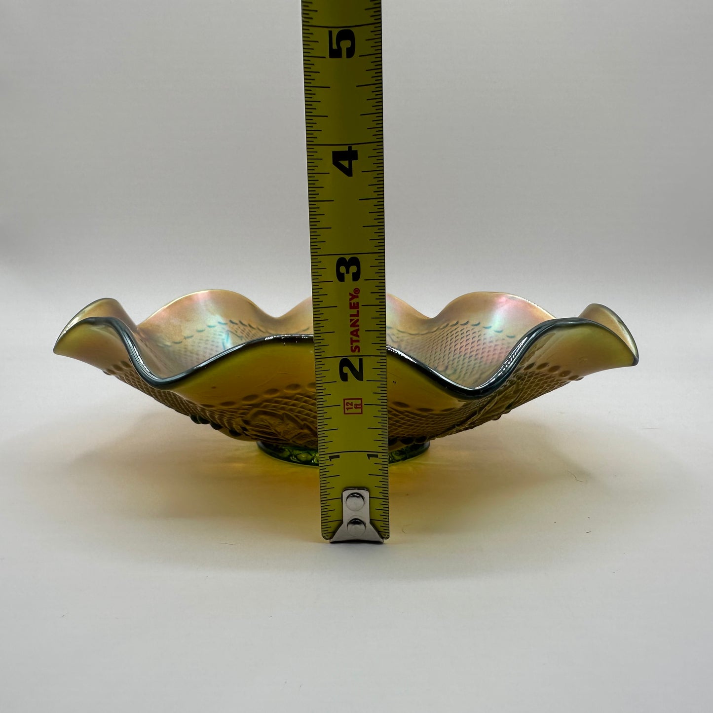 Northwood Glass Carnival Glass Ruffled Rim Bowl, Bulls Eye & Leaves, Green