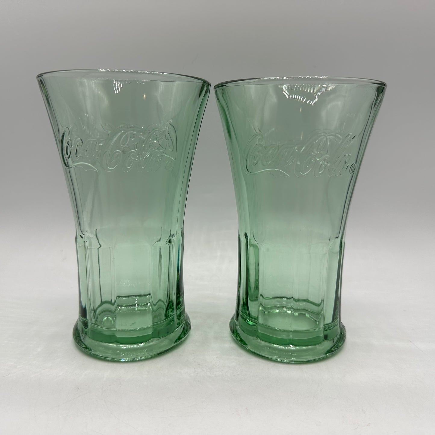 Coca Cola Green Glass 16oz Tumblers, Flared Top, Set of 2