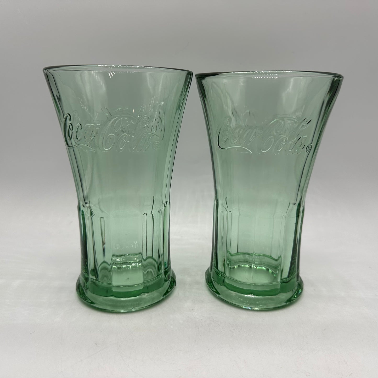 Coca Cola Green Glass 16oz Tumblers, Flared Top, Set of 2