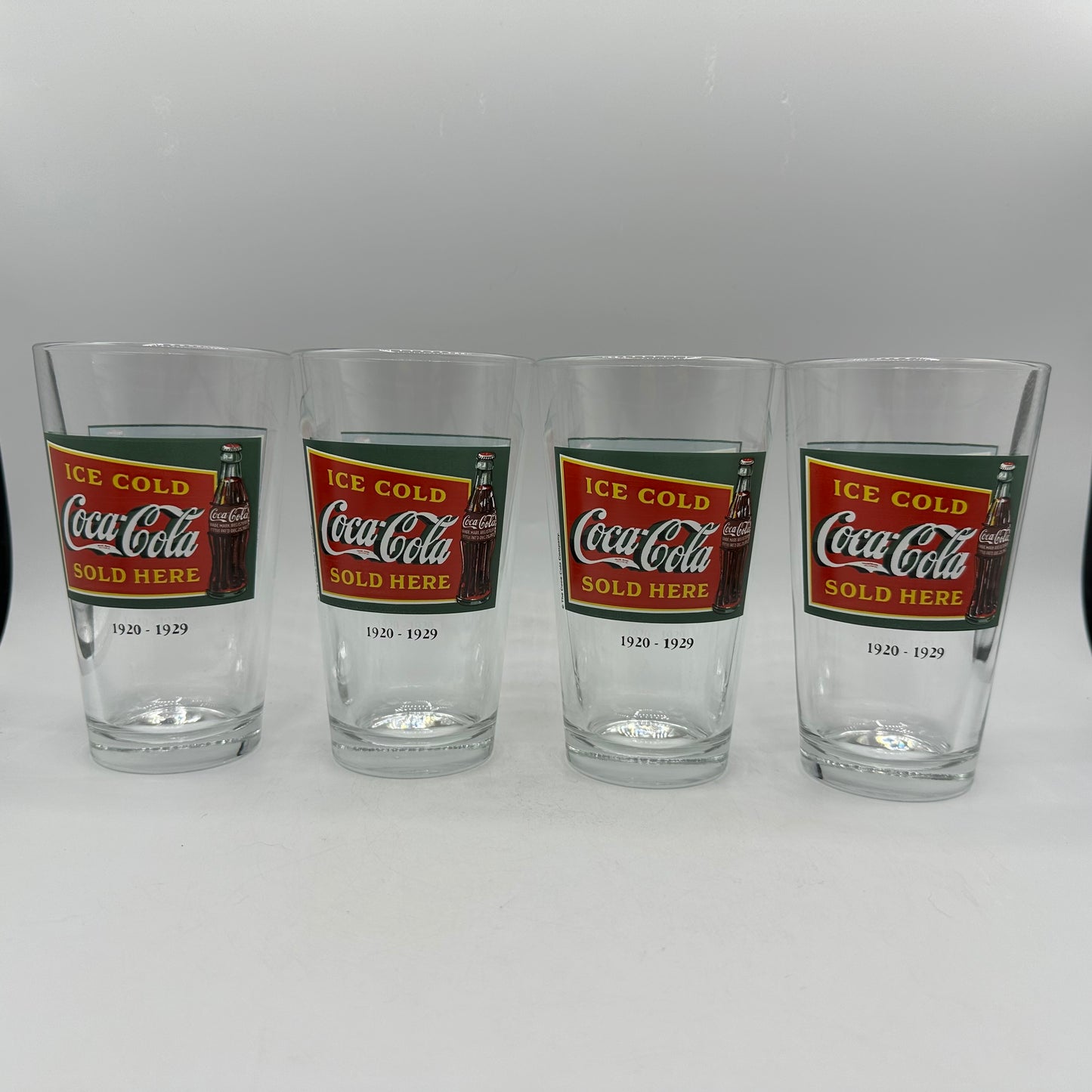 Coca Cola 1920-1929 "Ice Cold Coca-Cola Sold Here" Logo 16oz Tumbler, Set of 4