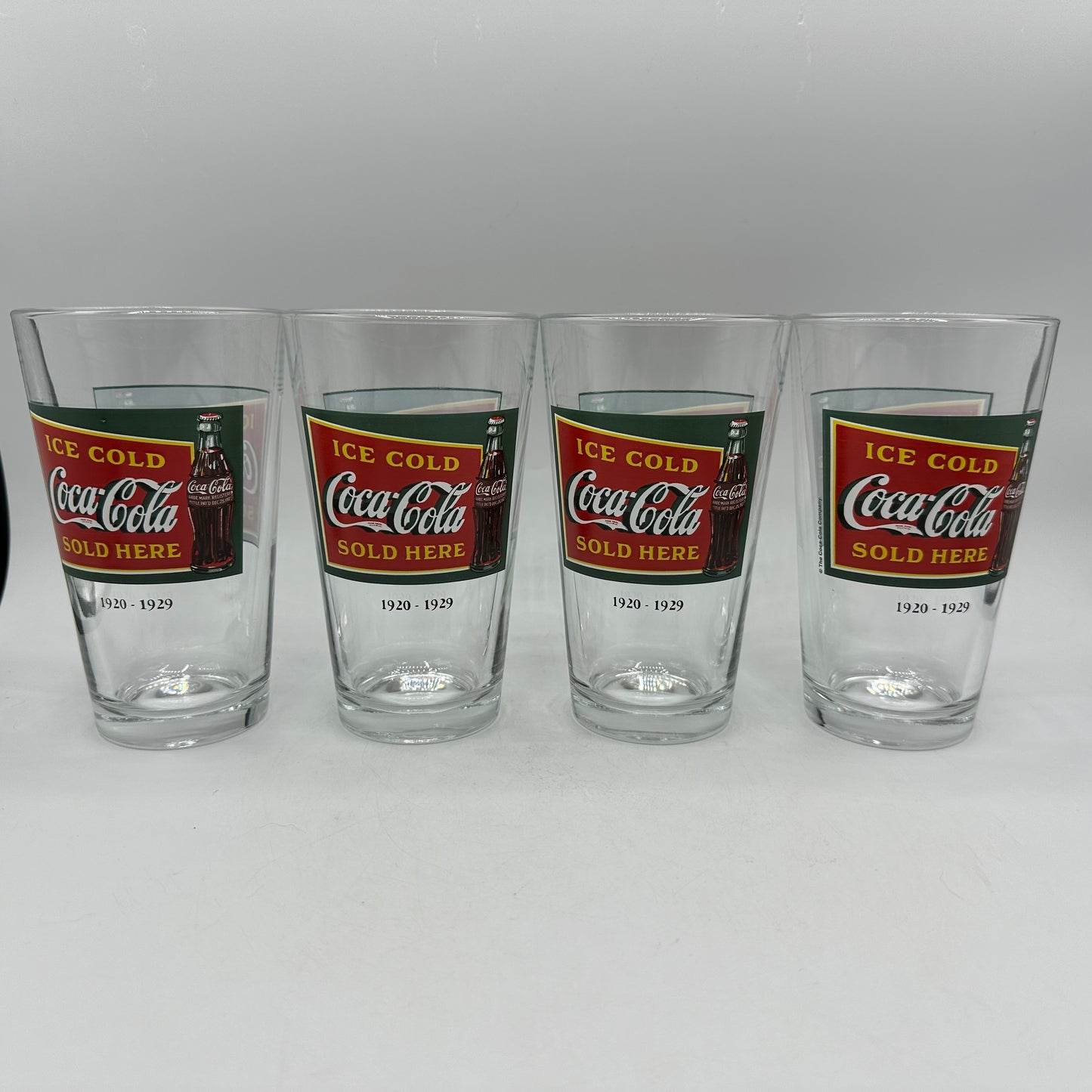 Coca Cola 1920-1929 "Ice Cold Coca-Cola Sold Here" Logo 16oz Tumbler, Set of 4