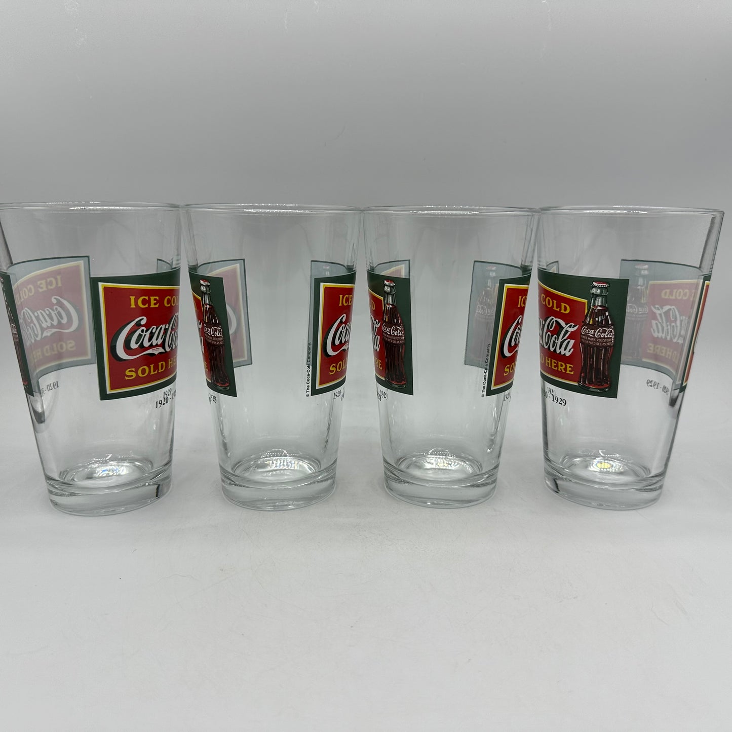 Coca Cola 1920-1929 "Ice Cold Coca-Cola Sold Here" Logo 16oz Tumbler, Set of 4