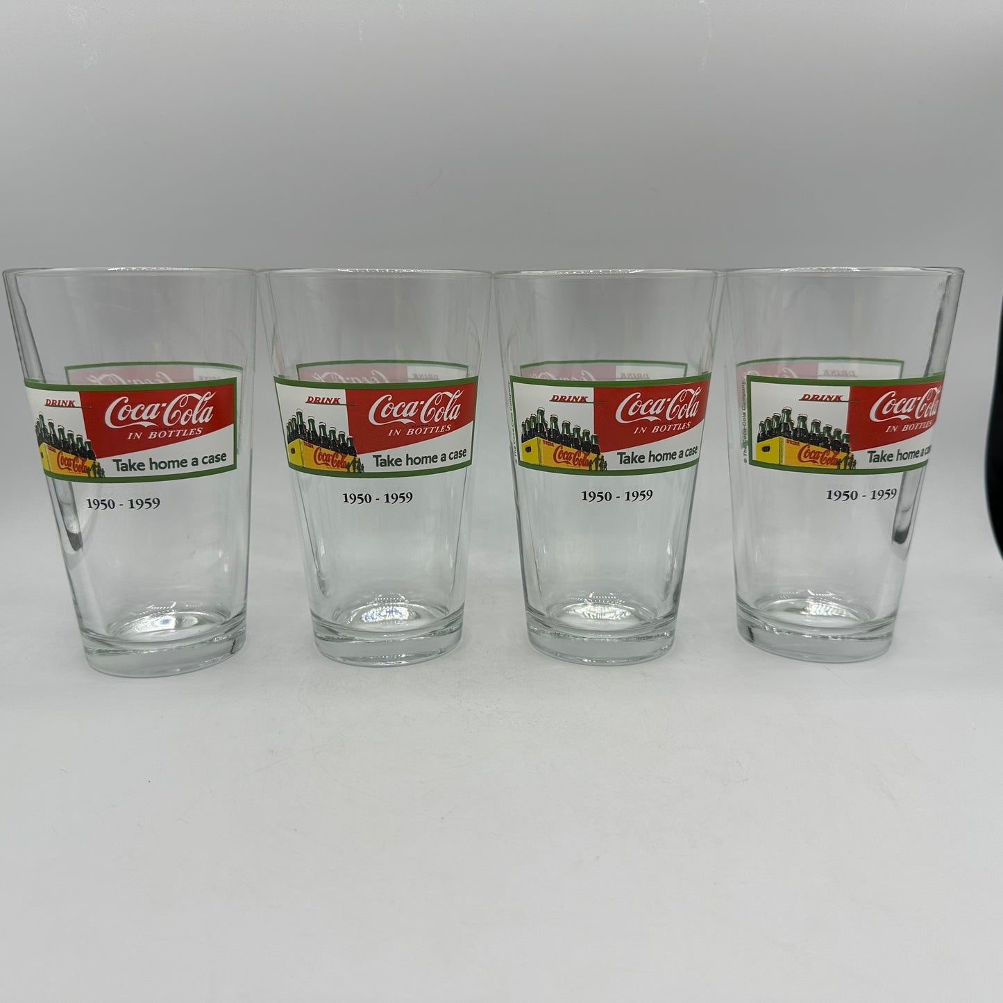 Coca Cola 1950-1959 "Take home a case" Logo 16oz Tumbler, Set of 4