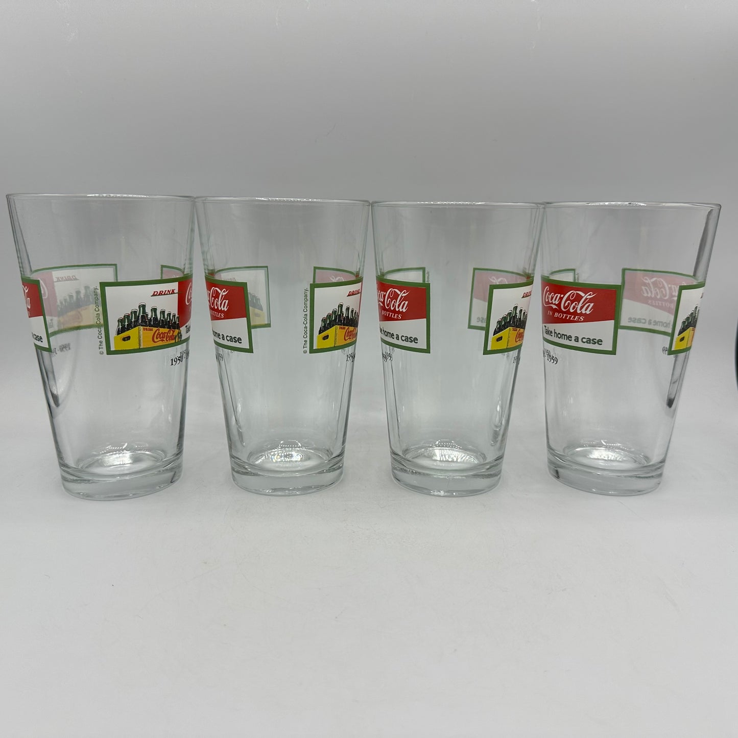 Coca Cola 1950-1959 "Take home a case" Logo 16oz Tumbler, Set of 4