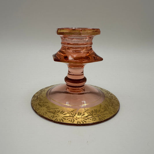 Fostoria Pink Depression Art Deco Candle Holder With Gold Accents