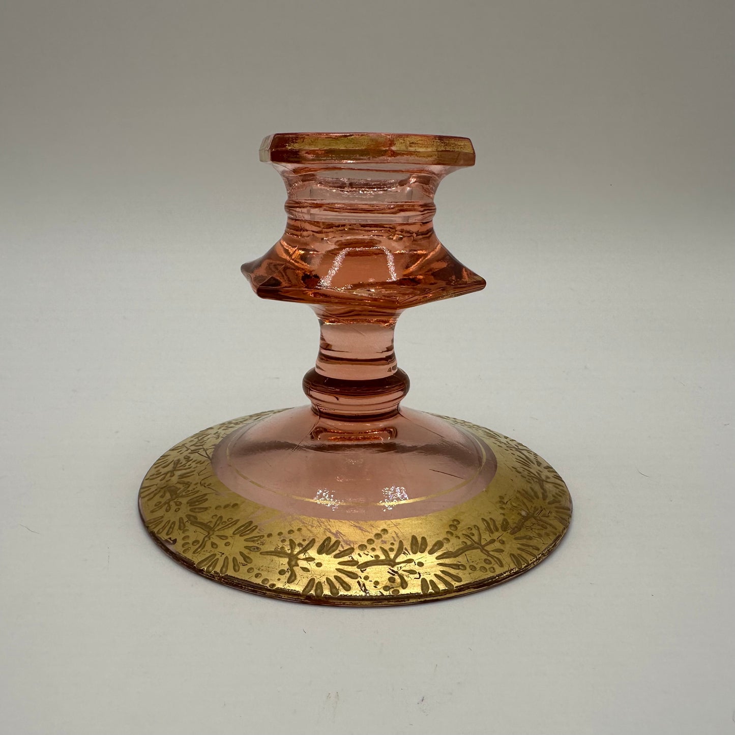Fostoria Pink Depression Art Deco Candle Holder With Gold Accents