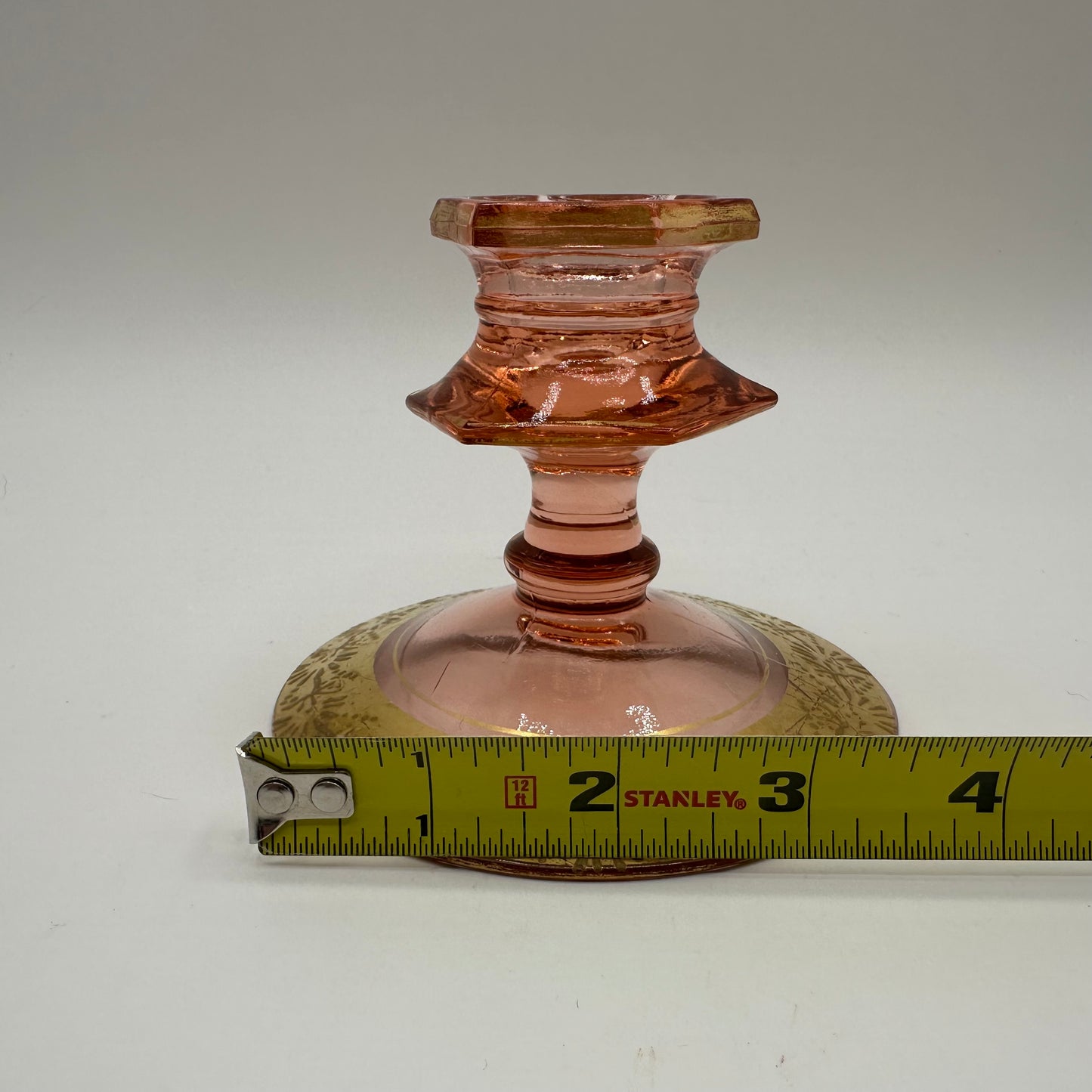 Fostoria Pink Depression Art Deco Candle Holder With Gold Accents