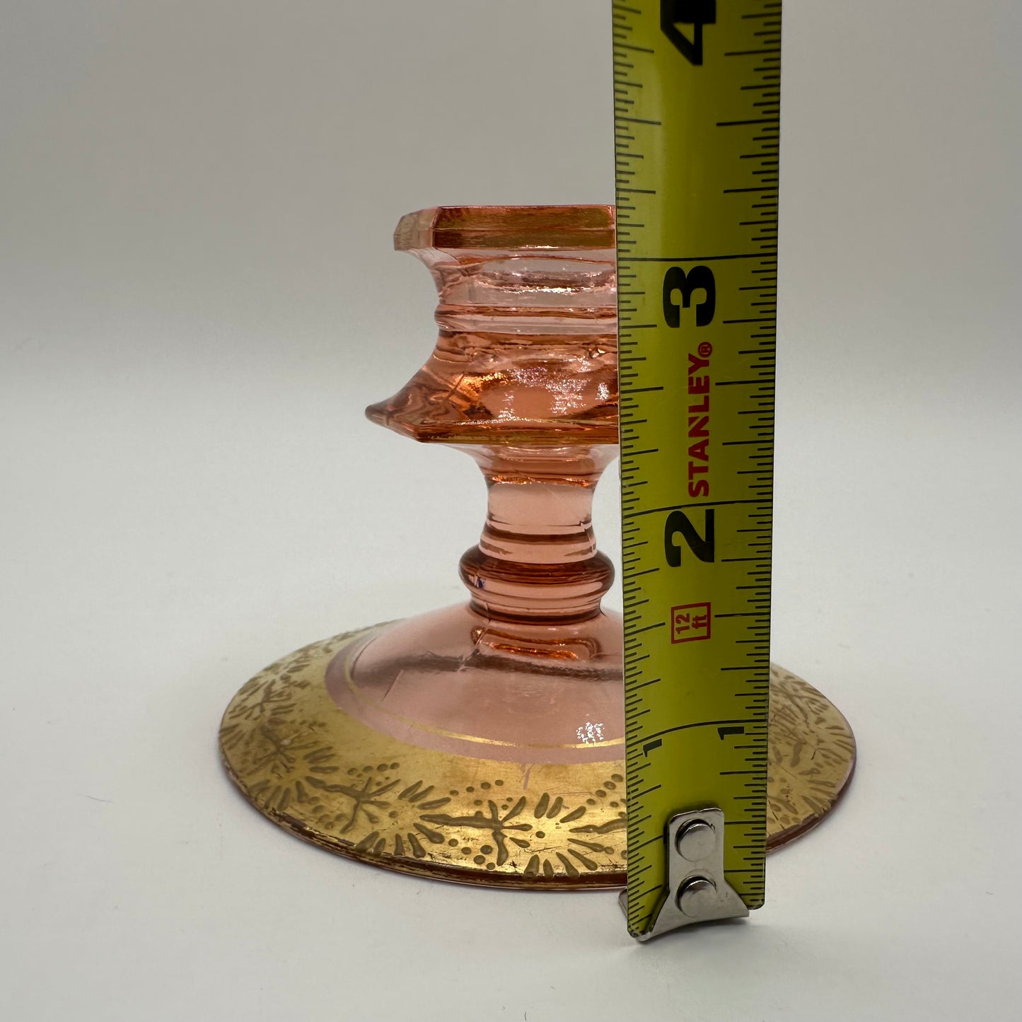 Fostoria Pink Depression Art Deco Candle Holder With Gold Accents
