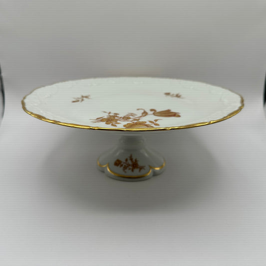 Limoges France Cake Stand Pedestal Plate Golden Roses 10-3/4"