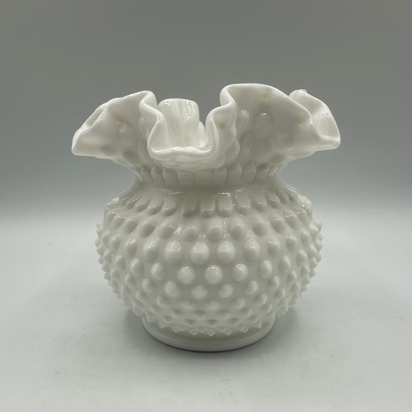 Fenton Milk Glass Hobnail Rose Bowl Vase Double Crimped Ruffled Edge