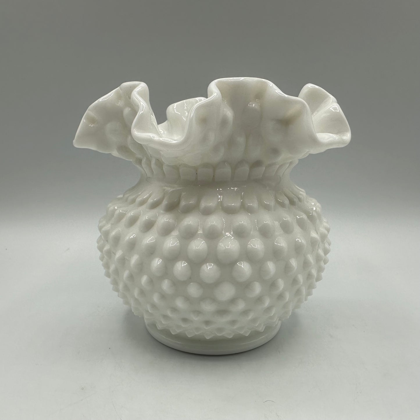 Fenton Milk Glass Hobnail Rose Bowl Vase Double Crimped Ruffled Edge