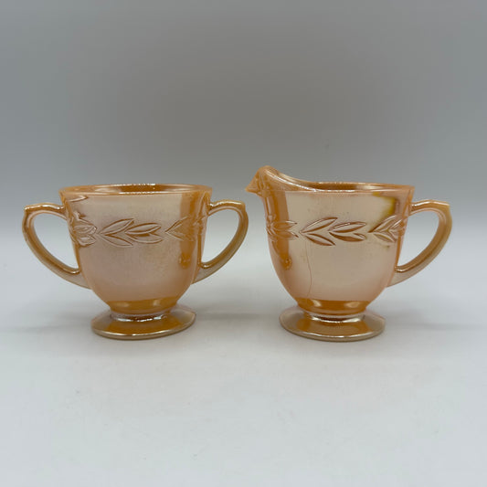 Fire King Peach Lustre Sugar Bowl and Creamer, Laurel Pattern