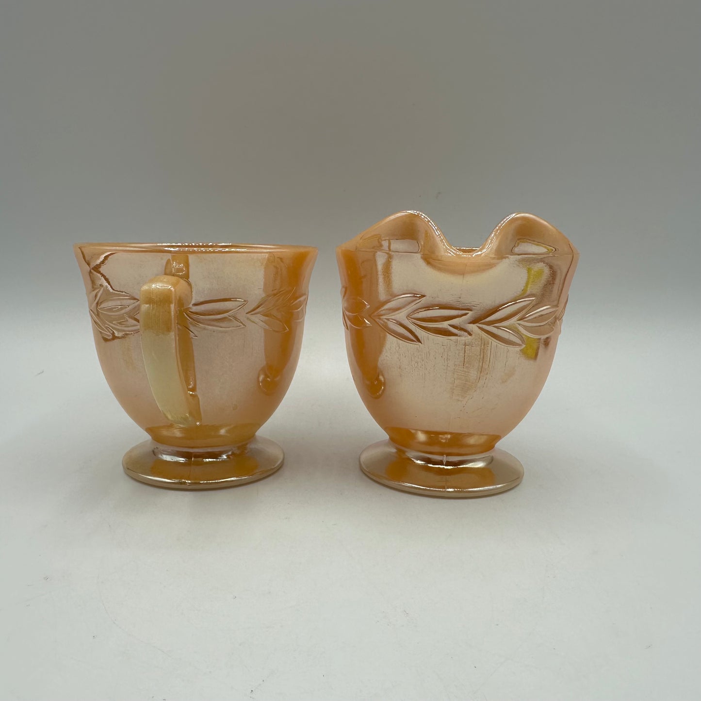 Fire King Peach Lustre Sugar Bowl and Creamer, Laurel Pattern