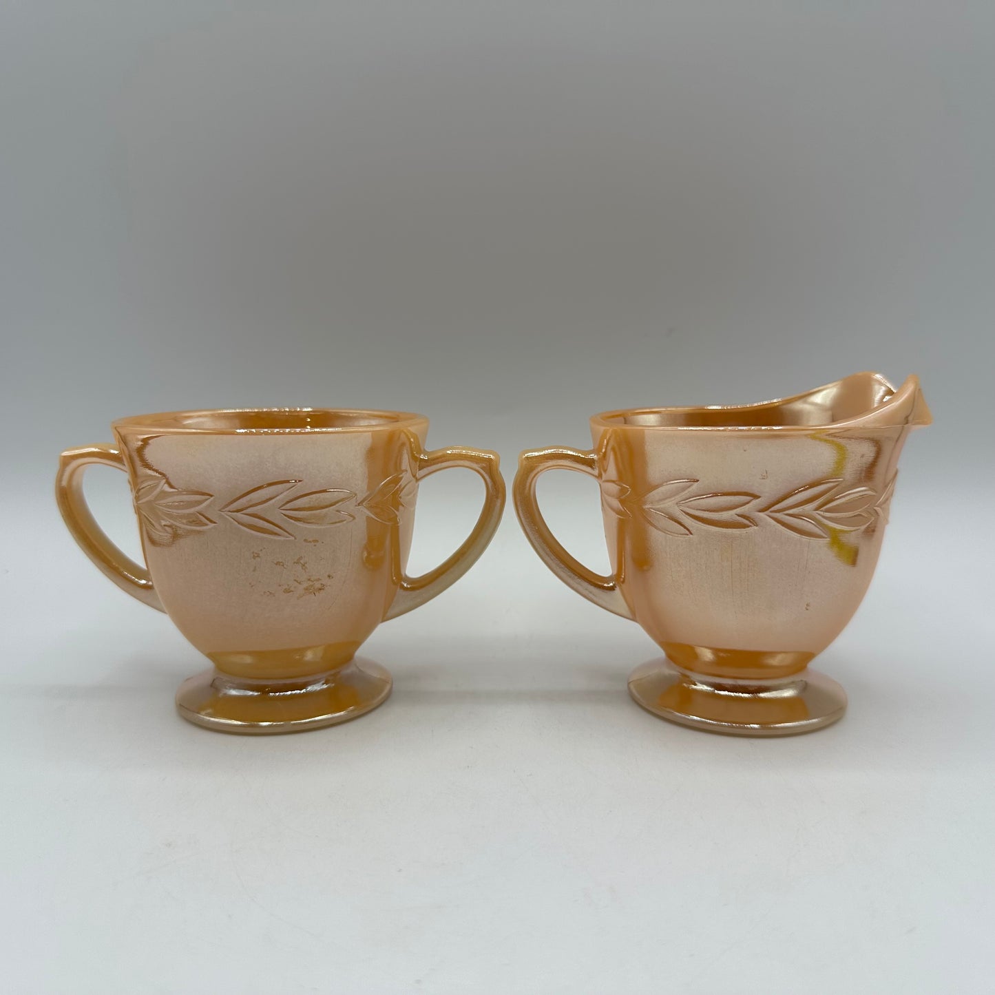 Fire King Peach Lustre Sugar Bowl and Creamer, Laurel Pattern