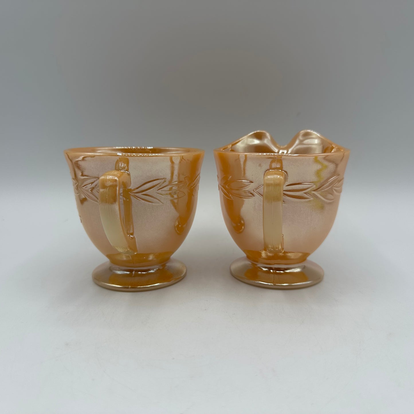 Fire King Peach Lustre Sugar Bowl and Creamer, Laurel Pattern