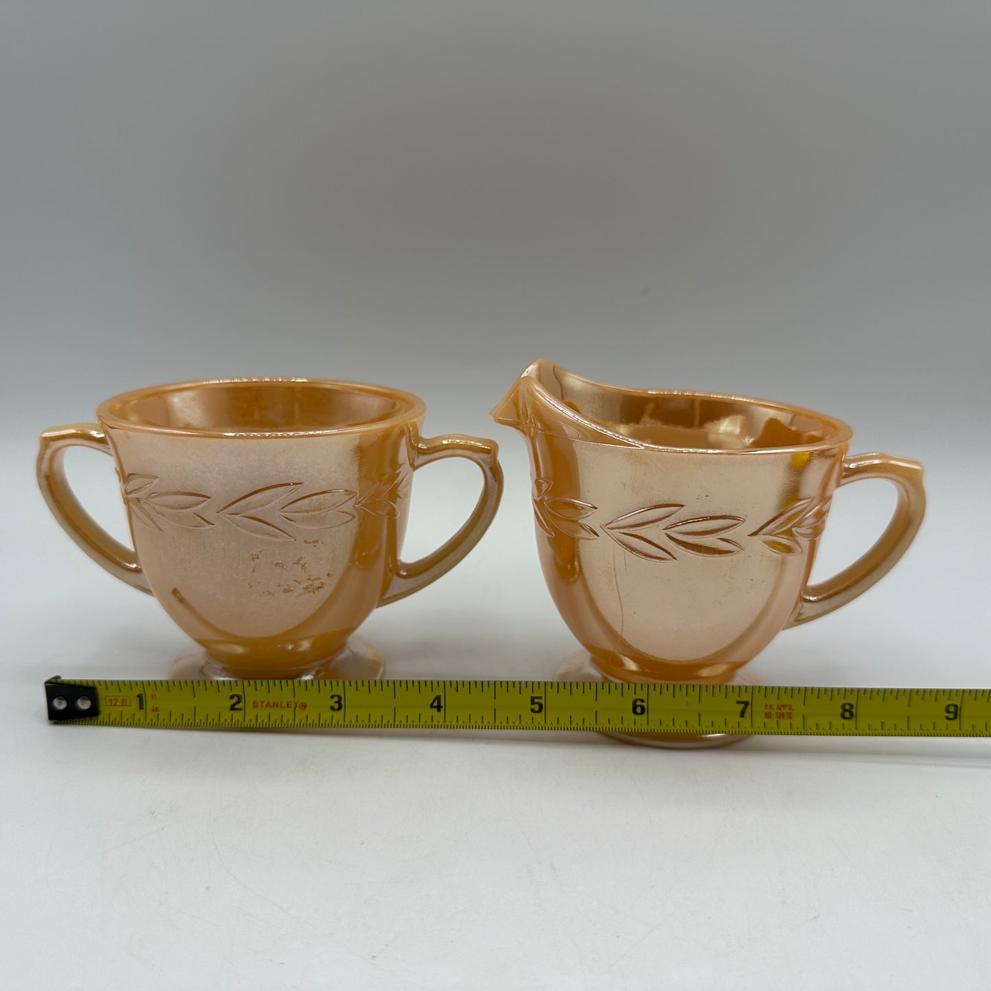 Fire King Peach Lustre Sugar Bowl and Creamer, Laurel Pattern