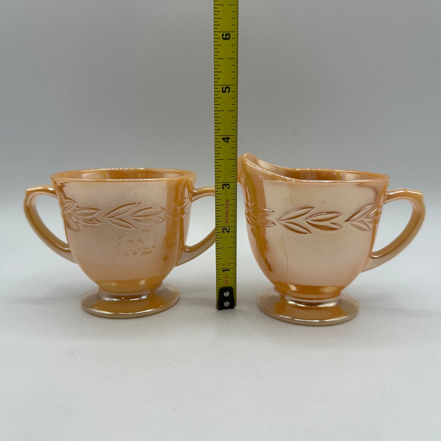 Fire King Peach Lustre Sugar Bowl and Creamer, Laurel Pattern