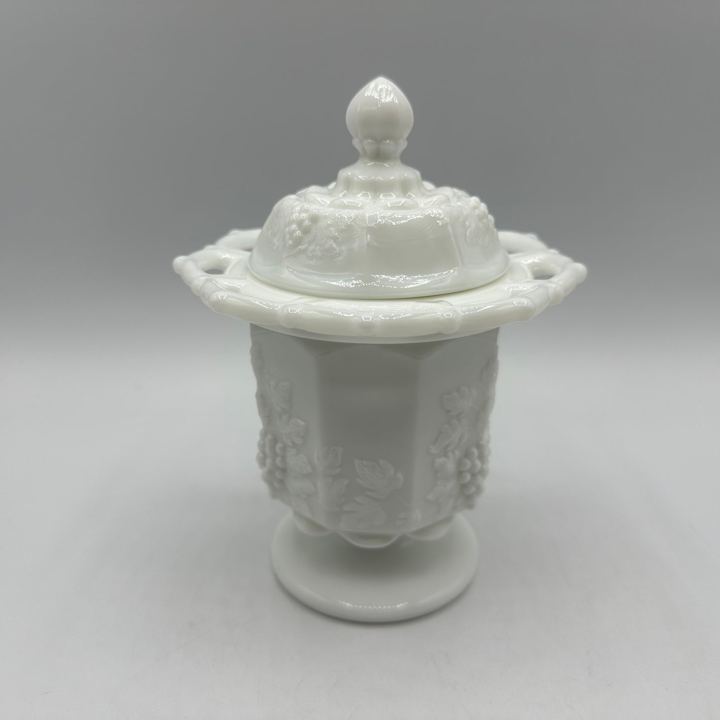 Westmoreland Grape & Leaves Pattern Lace Edge Milk Glass Lidded Candy Dish