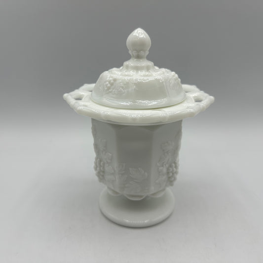 Westmoreland Grape & Leaves Pattern Lace Edge Milk Glass Lidded Candy Dish