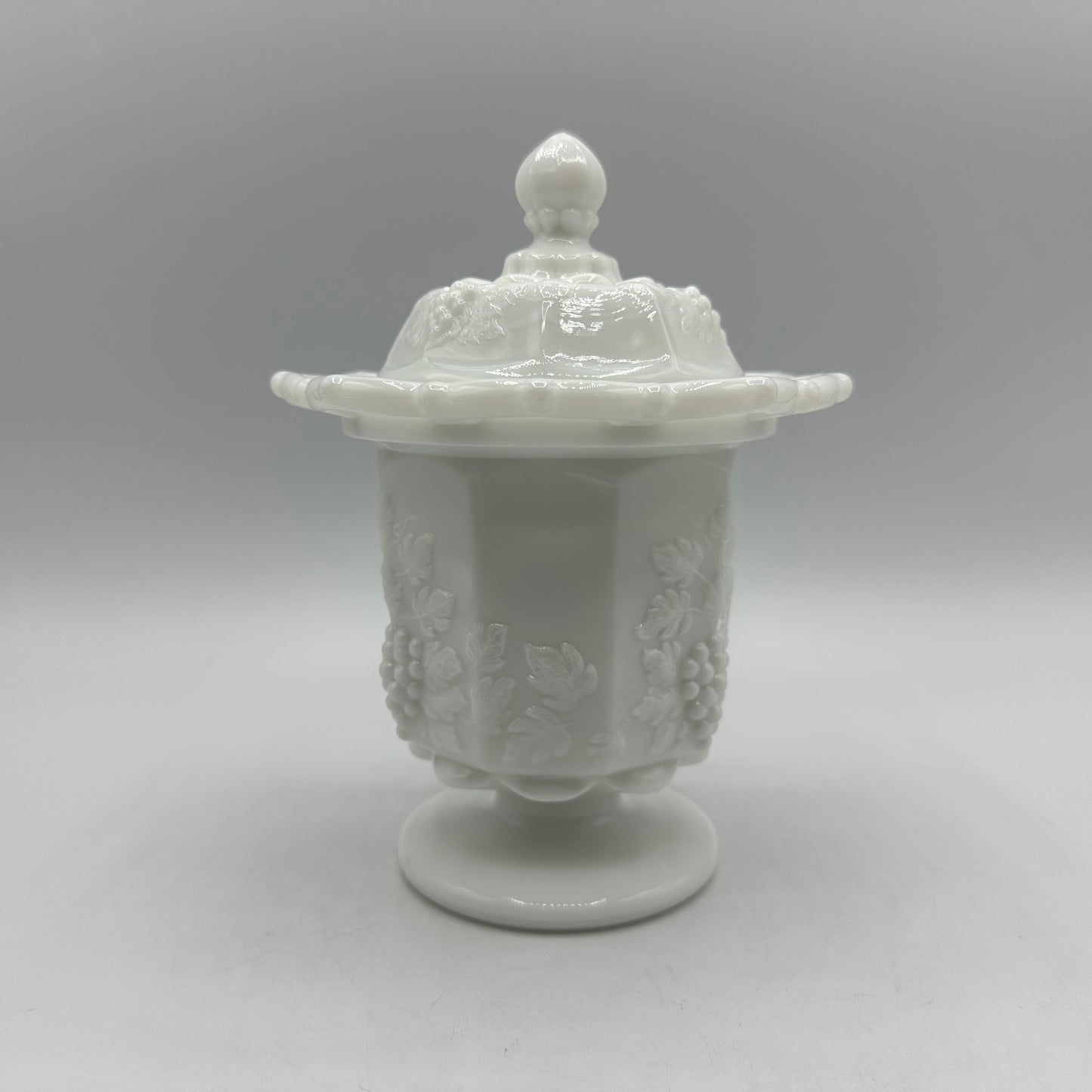 Westmoreland Grape & Leaves Pattern Lace Edge Milk Glass Lidded Candy Dish