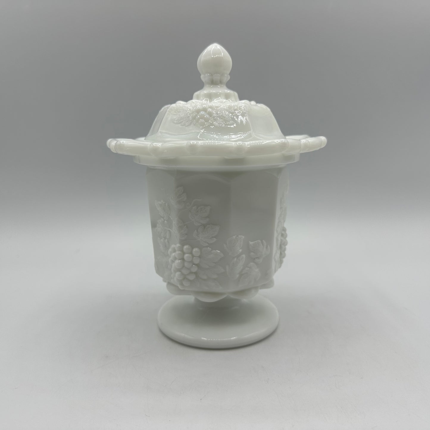 Westmoreland Grape & Leaves Pattern Lace Edge Milk Glass Lidded Candy Dish
