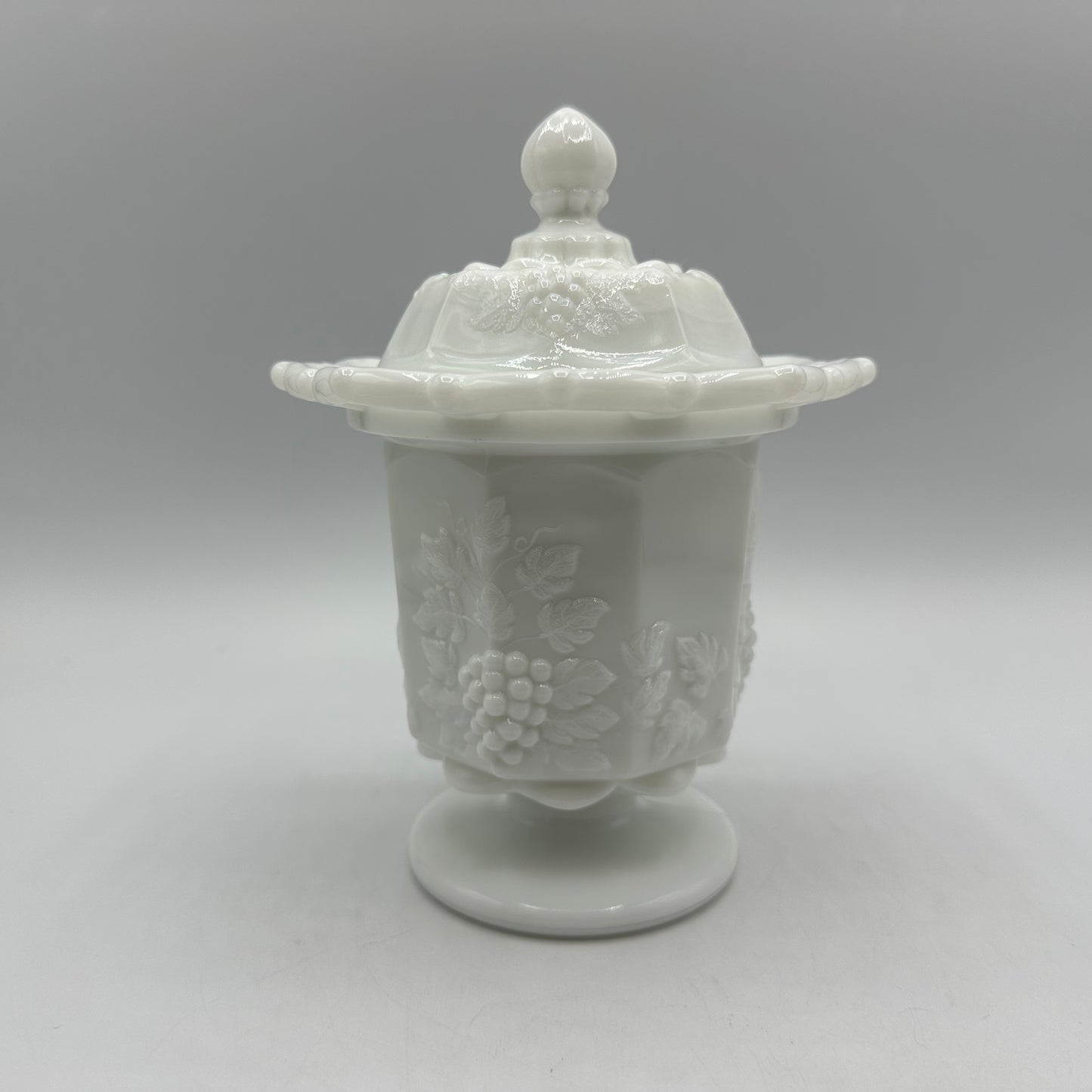 Westmoreland Grape & Leaves Pattern Lace Edge Milk Glass Lidded Candy Dish