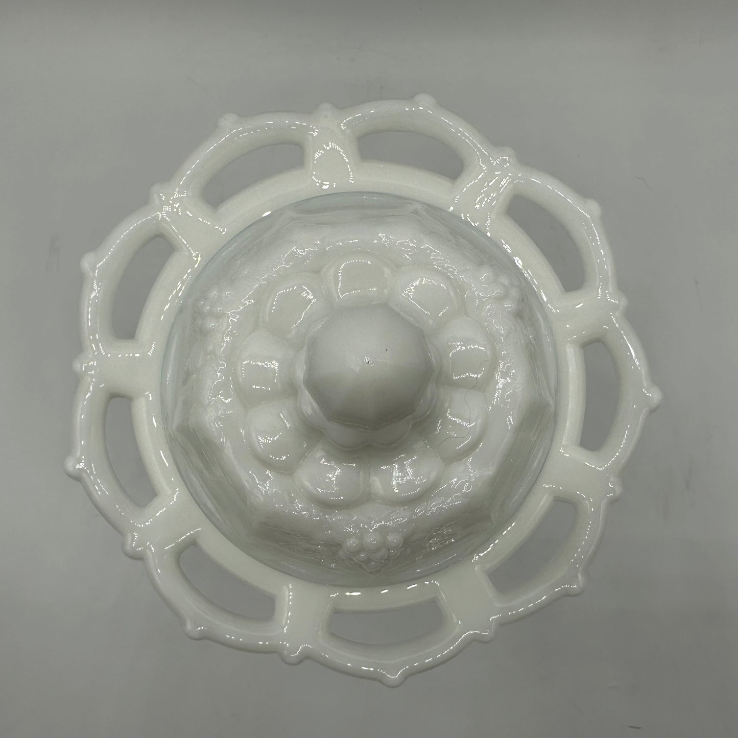 Westmoreland Grape & Leaves Pattern Lace Edge Milk Glass Lidded Candy Dish