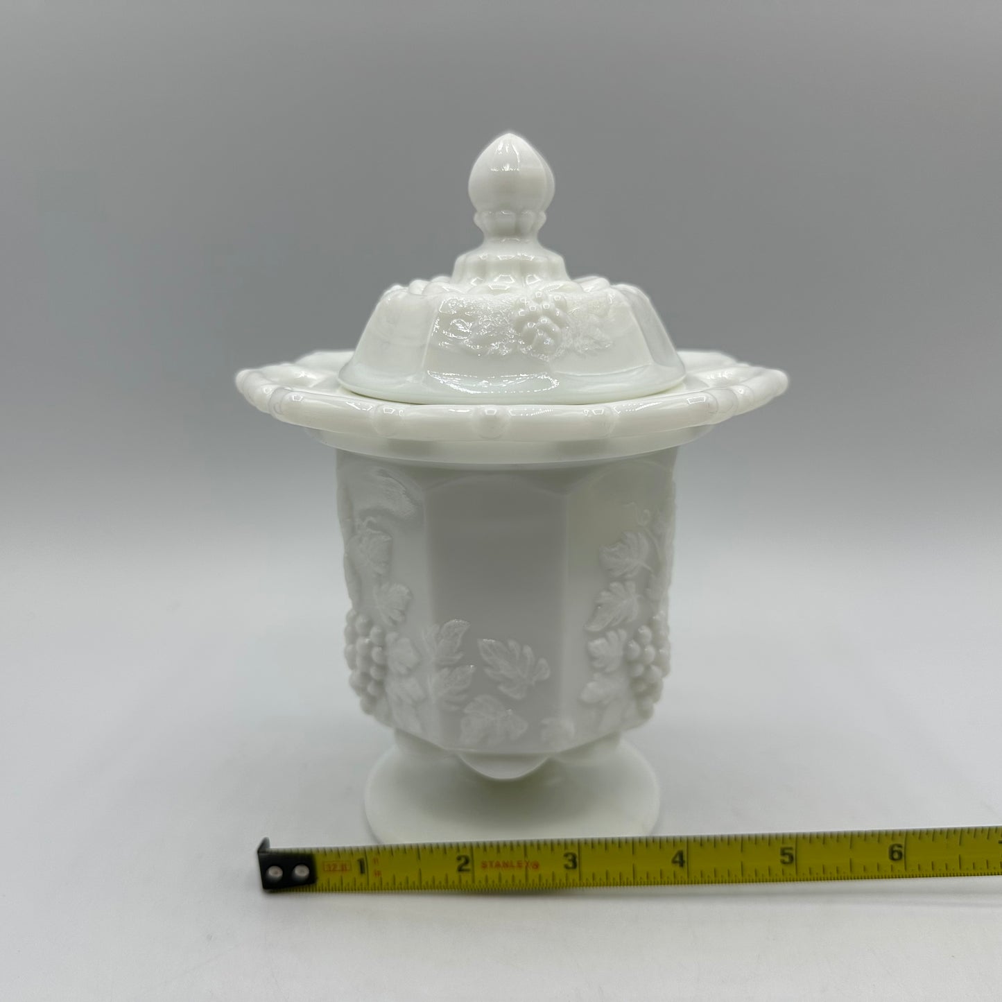 Westmoreland Grape & Leaves Pattern Lace Edge Milk Glass Lidded Candy Dish