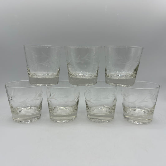 Floral Etched Rocks Glasses, Set of 7