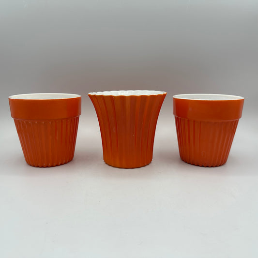 Lot of 3 Ribbed Planters -(2)Hazel Atlas and (1) Vitrock, Orange