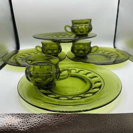 Indiana Glass Kings Crown Thumbprint Avocado Green Snack Plate & Cup, Set of 4