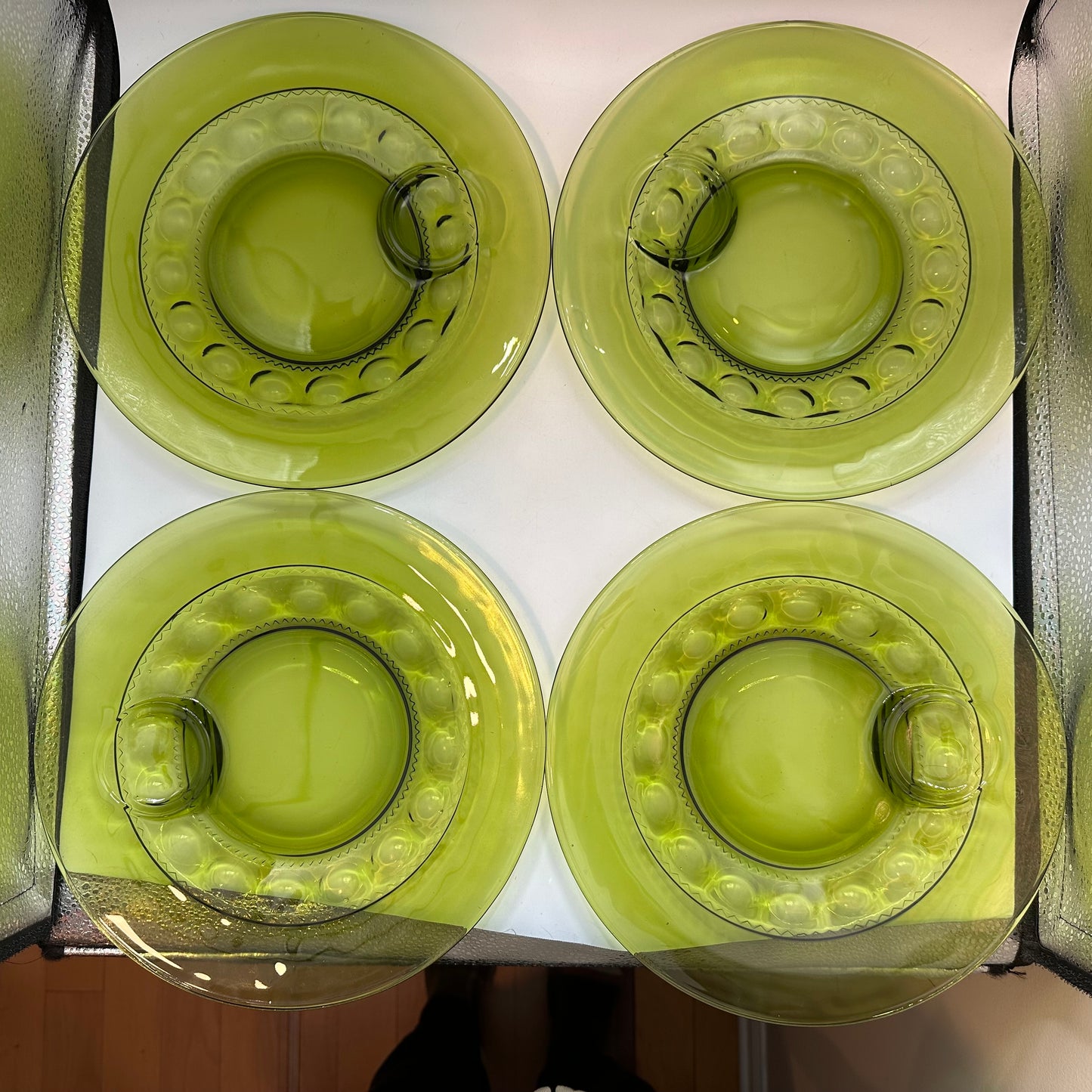 Indiana Glass Kings Crown Thumbprint Avocado Green Snack Plate & Cup, Set of 4