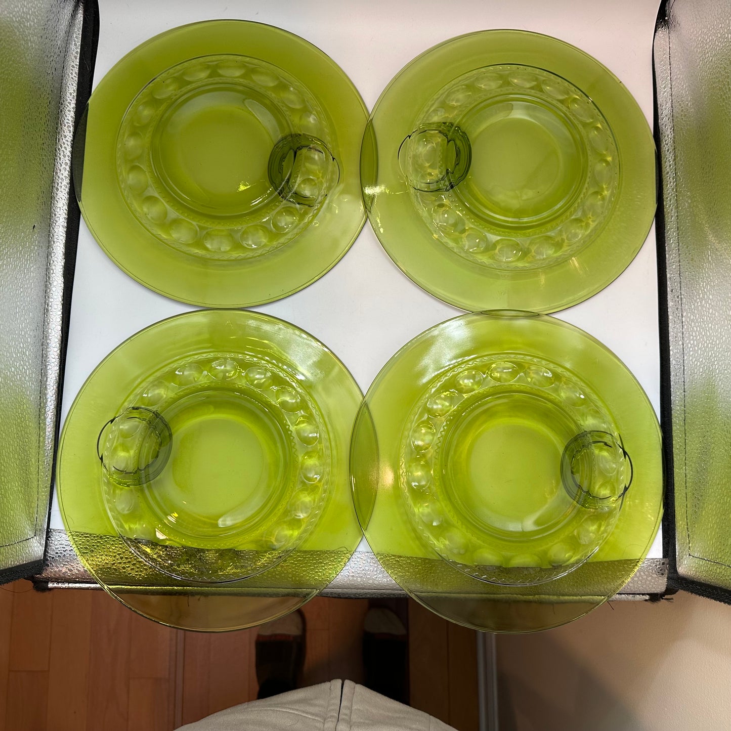 Indiana Glass Kings Crown Thumbprint Avocado Green Snack Plate & Cup, Set of 4