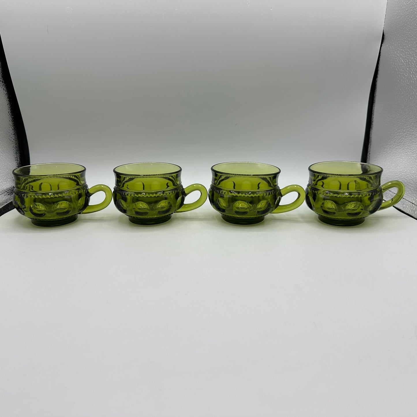 Indiana Glass Kings Crown Thumbprint Avocado Green Snack Plate & Cup, Set of 4