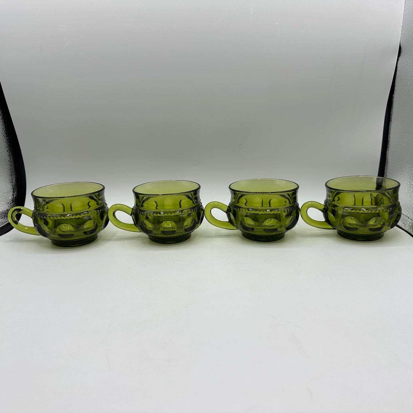 Indiana Glass Kings Crown Thumbprint Avocado Green Snack Plate & Cup, Set of 4
